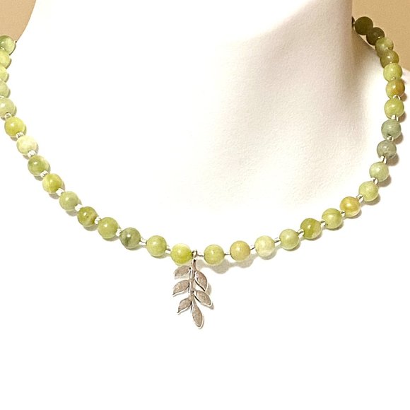 Serpentine Stone Silver Leaf Branch Necklace, Genuine Gemstone Beaded Necklace - Picture 2 of 9